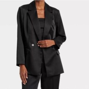 A New Day Satin Double Breasted Blazer Jacket - Sophisticated, Black old money